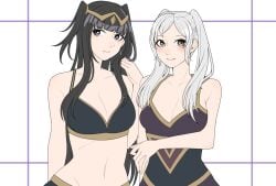 2girls alluring ao_saryaruhu big_breasts black_hair breasts brown_eyes cleavage female fire_emblem fire_emblem_awakening intelligent_systems medium_breasts nintendo purple_eyes robin_(fire_emblem) robin_(fire_emblem)_(female) silver_hair tharja tharja_(fire_emblem)