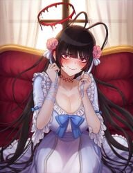 absurdres antenna_hair black_hair blue_archive blue_ribbon blush breasts cleavage closed_mouth commentary curtains dress female flower hair_flower hair_ornament highres huge_breasts indoors long_hair looking_at_viewer pink_flower raoul_(raoul77) red_eyes ribbon sitting solo sweat tsurugi_(blue_archive) white_dress window