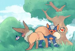 ! all_fours ambiguous_gender anus ass bite black_fur blush brown_fur brown_nose bushes canine cloud eevee female feral flipside fur grass heart houndour looking_back mammal nintendo orange_fur pokemon pussy raised_paw red_eyes tail_biting tree tuft video_games