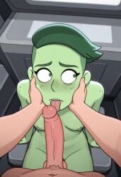 ai_generated alien_girl d'vana_tendi embarrassed embarrassed_nude_female green_body green_eyes green_hair green_skin imminent_oral licking_penis nervous nude_female oral_sex orion_(species) penis reluctant reluctant_oral seated_blowjob shy sitting sitting_on_floor star_trek star_trek_lower_decks