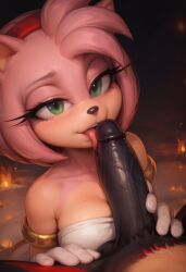 ai_generated amy_rose anthro armlets big_penis black_fur black_penis blowjob blush_lines eyelashes female female_focus gloves green_eyes hairband hedgehog hedgehog_girl hedgehog_humanoid licking_penis light-skinned_female long_penis looking_at_partner looking_at_viewer male male/female male_pov meat_master penis pink_fur red_hairband shadow_the_hedgehog sonic_(series) sonic_the_hedgehog_(series)