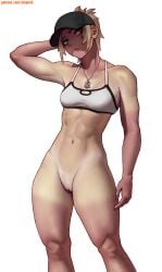 bandeau bangs blonde_hair bottomless braid breasts convenient_leg eyebrows_visible_through_hair fate/apocrypha fate_(series) feet female green_eyes high_resolution horny_female jacket jewelry knee_up long_hair looking_at_viewer medium_breasts messy_hair midriff mordred_(fate) navel necklace off_shoulder open_clothes open_jacket open_mouth ponytail red_hair_ornament red_jacket red_scrunchie revealing_clothes scrunchie sidelocks simple_background sitting skin_fang solo stopu tied_hair very_high_resolution villainess