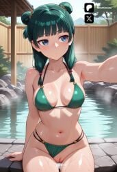1female 1girl ai_generated armpits averting_eyes bare_shoulders big_breasts bikini bikini_bottom_aside blue_eyes blunt_bangs blush breasts censored closed_mouth clothing clothing_aside collarbone colored day double_bun female freckles from_front front_view green_bikini green_hair hair_bun hair_ornament halterneck kusuriya_no_hitorigoto large_breasts light-skinned_female light_skin long_hair looking_to_the_side maomao_(kusuriya_no_hitorigoto) medium_breasts navel novathecreator onsen outdoors outstretched_arm pussy rock selfie sexy sexy_body sexy_pose sitting solo steam stomach string_bikini swimsuit the_apothecary_diaries thighs tits tree turning_head twintails uncensored vagina visible_pussy visible_vagina vulva water wet