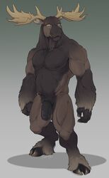 2017 anthro antlers arm_hair balls biceps big_biceps body_hair brown_eyes brown_fur brown_penis cervine chest_hair chest_tuft explicital fingers flaccid fur half-erect hooves horn humanoid_penis leg_hair male male_only mammal moose multicolored_fur multicolored_skin musclegut muscular nipples nude partially_retracted_foreskin pecs penis pubes signature snout solo standing thick_penis tuft two_tone_fur uncut