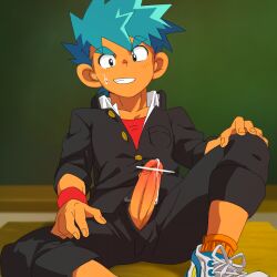 1boy big_ears big_penis black_eyes blackboard blue_hair blush censor_bar censored censored_penis classroom clenched_teeth erection eyebrows_visible_through_hair foreskin_folds frenulum fully_clothed gakuran gay grin huge_cock indoors male male_only mature_male okulain original original_character penis penis_out pointless_censoring precum precum_drip red_glans round_eyes school_desk school_uniform short_hair sitting sneakers solo spiky_hair spread_legs sweat sweatdrop thick_eyebrows thick_penis uncircumcised uncut unzipped unzipped_pants wristband yaoi
