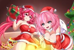 2girls animal_ears big_breasts breasts brown_background buster-art christmas christmas_clothing christmas_hat christmas_lights christmas_outfit christmas_tree closed_mouth_smile clothed condesavr curvy curvy_female female female_only gift gift_box gradient_eyes hair_between_eyes heart heart-shaped_pupils heart_symbol heart_tattoo hispanic_virtual_youtuber kemonomimi latam_virtual_youtuber licking_lips long_hair looking_at_viewer lunaria_ayaren motion_lines movement_lines multicolored_eyes open_mouth panties pink_ears pink_eyes pink_hair sack santa_costume short_hair simple_background smile smiley_face teeth thighs twintails twitch.tv virtual_youtuber vtuber vtuberfanart white_bag