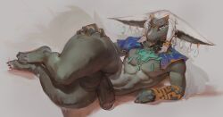 anthro balls big_balls big_penis darkgem ear_piercing genitals grey_body hand_on_hip hi_res looking_at_viewer lying male male_only muscular muscular_male nintendo on_side penis piercing rauru_(tears_of_the_kingdom) simple_background solo tears_of_the_kingdom the_legend_of_zelda thick_thighs wide_hips zonai