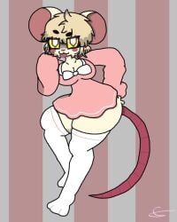 anthro black_eyes blonde_hair blush bottomwear bow_ribbon breasts clothing dress female footwear fur furry fwobie hair legwear lorna_(terrible_mouse) mammal mouse murid murine pajamas pink_bottomwear pink_clothing pink_dress pink_skirt rat rodent skirt smile socks solo stockings tail terrible_mouse thigh_highs thigh_socks white_body white_clothing white_footwear white_fur white_legwear white_socks white_stockings white_thigh_highs white_thigh_socks yellow_eyes