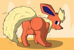 anus ass backsack balls eeveelution feral flareon male mammal nintendo pokemon presenting presenting_hindquarters rvlis simple_background smile solo video_games