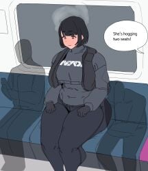1girls 2boys ass big_boobs big_breasts bigger_female blush blushing blushing_profusely boobs bottom_heavy breasts female female_focus gya_rb height_difference huge_ass interior large_boobs large_breasts larger_female light-skinned_female light_skin public_transportation seated shorter_male sitting size_difference smaller_male thick_thighs wide_hips wide_thighs