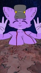 big_breasts bikini closed_eyes female female_only fox_ears furry furry_ears gray_hat hat meme purple_body purple_fur smile transexual