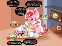 ambiguous_penetration anthro blush bodily_fluids cinccino cupcake english_text fan_character female food gameplay_mechanics generation_5_pokemon hi_res male male/female musk musk_clouds nintendo open_mouth penetration pokemon pokemon_(species) raised_leg rule_63 sex softestpuffss sweat text velvet_(velvetsc)