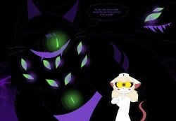 absurd_res anthro black_eyes blonde_hair blush breasts clothing english_text female fur furry hair hat headgear headwear hi_res kuwoshizilla lorna_(terrible_mouse) mammal mouse murid murine nurse nurse_clothing nurse_headwear rat rodent scared scared_face smile solo tail terrible_mouse text white_body white_fur yellow_eyes