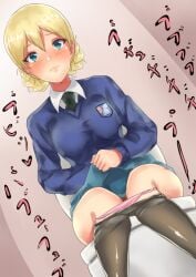 1girls black_necktie black_pantyhose blonde_hair blue_eyes blue_skirt blue_sweater blush darjeeling diarrhea female girls_und_panzer holding_stomach necktie pantyhose pink_panties pubic_hair scat school_uniform schoolgirl st._gloriana's_school_uniform stomach_ache sweater toilet toilet_use white_shirt