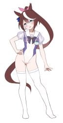 adapted_costume animal_ears black_bow black_bowtie blue_eyes blush bow bowtie breasts brown_hair cleft_of_venus commentary_request female full_body hairbow highres horse_ears horse_girl horse_tail leotard long_hair looking_at_viewer multicolored_hair nipple_piercing nipples open_mouth piercing ponytail puffy_short_sleeves puffy_sleeves purple_leotard pussy pussy_piercing school_uniform see-through_clothes see-through_leotard short_sleeves simple_background small_breasts smile solo standing streaked_hair tail thighhighs tokai_teio_(umamusume) tracen_school_uniform two-tone_hair ugohato umamusume white_background white_hair white_thighhighs