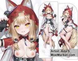 arknights arknights:_endfield barefoot black_gloves blonde_hair breasts_out dakimakura dakimakura_design female fingerless_gloves looking_at_viewer moemarket nipples rossi_(arknights:_endfield) solo thigh_strap wolf_ears wolf_tail yellow_eyes young_female