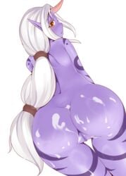 amber_eyes amecha ass caprine cum cum_on_ass edit female goat hair horn humanoid hybrid league_of_legends long_hair looking_at_viewer looking_back mammal purple_skin pussy rear_view solo soraka white_hair