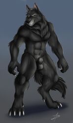 animal_genitalia anthro bakameganekko balls biceps black_fur black_nose canine claws fur male male_only mammal muscular nude penis sheath smile solo standing unaroused wolf yellow_eyes