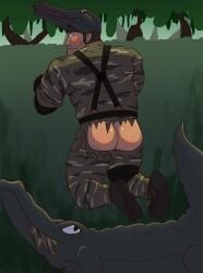 1boy ass big_boss camo camouflage crocodile hat male metal_gear_solid no_visible_genitalia pants_rip solo_male trees tvfish-art