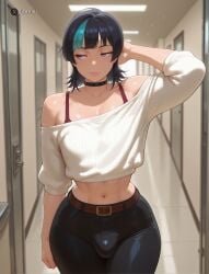 1boy ai ai_art ai_assisted ai_generated arm_at_side bare_shoulders black_hair black_panties bra bra_straps bulge chocker cock covered_penis dick genderswap_(ftm) gitaniai hand_behind_head hoshi_kirara jujutsu_kaisen lips looking_away male mouth_piercing narrow_waist navel otoko_no_ko penis piercing pink_lips purple_eyes rule_63 shiny_lips short_hair sleeves_past_elbows small_penis standing streaked_hair trans_woman uncensored white_sweater