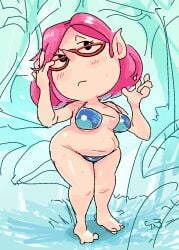 1girls 2d 2d_(artwork) adjusting_hair armor background belly bikini blue_bikini breasts brittany_(pikmin) curvy_figure feet female glasses nintendo pikmin pikmin_3 pink_hair pointy_ears self_upload shortstack solo sweatdrop sweaty