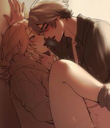 2boys ^^^ abs alhaitham_(genshin_impact) black_shirt blonde_hair blush collared_shirt commentary english_commentary eye_contact gay gay_male genshin_impact grey_hair grey_hoodie highres hood hood_down hoodie implied_penetration kaveh_(genshin_impact) leg_up looking_at_another male male_focus motion_lines multiple_boys open_clothes open_mouth open_shirt parted_hair profile shirt short_hair steffiepoo teeth trembling upper_teeth_only wing_collar yaoi