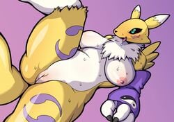 2017 3_fingers anthro areola armwear black_sclera breasts clothing digimon drooling female female_focus female_only fur furry furry_only gloves gradient_background green_eyes kori-nio lying markings mostly_nude naked neck_tuft nipples nude on_back open_mouth pussy renamon saliva simple_background solo solo_female solo_focus spread_legs spreading sweat tail tongue tongue_out tuft white_fur yellow_fur yin_yang