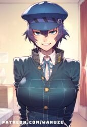 ai_generated big_ass big_breasts big_butt big_thighs blue_eyes blue_hair blush huge_ass huge_breasts huge_butt huge_thighs naoto_shirogane persona persona_4 school_uniform wanuze wide_hips