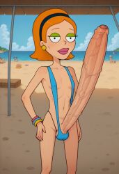 1futa 2025 ai_generated american_dad anorexia beach breasts brown_hair civitai foreskin futa_penis futanari intersex jossyless_(ai) penis skinny_futanari skinny_girl slim_girl sling_bikini smile smiling_at_viewer solo_futa trash uncircumcised uncut veronica_(american_dad) very_long_penis
