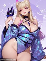 1girl ai_generated arlequin097 bare_shoulders between_breasts black_choker blonde_hair breasts choker cleavage cone_hair_bun detached_sleeves earrings evelynn eyeshadow fingernails fox_mask frills gradient_hair highleg highleg_leotard holding holding_mask japanese_clothes jewelry k/da_(league_of_legends) k/da_all_out_evelynn k/da_all_out_series k/da_series kimono large_breasts leotard lips long_fingernails long_hair looking_at_viewer makeup mask multicolored_hair nail_polish o-ring obi official_alternate_costume open_mouth patreon_username pink_hair pink_lips sash shiny_skin smile solo teeth thighs upper_teeth_only yellow_eyes