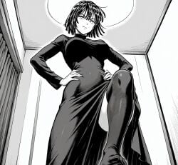 1girls ai_generated angry assertive_female black_and_white bossy_look dominant dominant_female dress esper feet female femdom front_view fubuki_(one-punch_man) hand_on_hip looking_at_viewer one-punch_man psychic short_hair smile standing stern_expression stomping thighhighs thighs toes