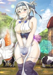 admiral_(kantai_collection) ainu ainu_clothes areola_slip areolae black_legwear blue_eyes blue_sky blush bovine breasts brick_wall carrot cloud cloudy_sky covering covering_crotch dress female folded_ponytail grass headband highres hill house kamoi_(kantai_collection) kantai_collection knees_together kuroame_(kurinohana) large_breasts lens_flare long_hair panty_slip pussy_juice pussy_juice_stain sexually_suggestive sideboob sidelocks sky sleeveless sleeveless_dress solo_focus tearing_up thighhighs thighs tree white_dress white_hair wrist_guards