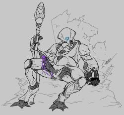 armor bodily_fluids colored_cum cum digital_drawing_(artwork) digital_media_(artwork) erection genital_fluids headgear helldivers helldivers_2 helmet hi_res illuminate_(helldivers) looking_at_viewer male not_furry purple_cum sitting solo staff unknown_artist unusual_bodily_fluids unusual_cum unusual_genital_fluids
