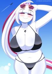 ahoge big_breasts bikini black_bikini bluefrok cyan_background eyewear_on_head friday_night_funkin friday_night_funkin:_entity friday_night_funkin_mod huge_breasts huge_thighs long_hair navel nikusa_(sugarratio) pink_eyes pink_hair ponytail sky sky_background sunglasses thighs white_hair white_skin
