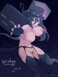 black_eyes black_hair dead_eyes eye_bags fingerless_gloves hat headwear lifeless_eyes lingerie lingerie_only long_hair looking_at_viewer minecraft mob_talker partially_clothed practically_nude solo tagme thigh_boots wither_(minecraft) wither_boss