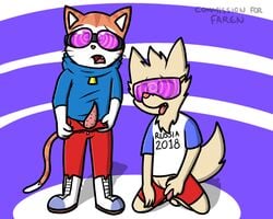 2017 animal_genitalia blinx blinx_the_time_sweeper canine clothed clothing erection eyewear feline fifa footwear fur gloves goggles hypnosis male male_only mammal mascot microsoft mind_control open_mouth pants penis pokefound simple_background standing tongue video_games whiskers wolf zabivaka