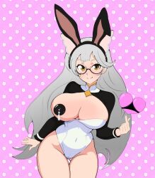 belly_button_visible_through_clothing big_breasts breasts cat_ears cat_girl covered_nipples female goggles heart huge_breasts long_hair mole_under_eye moles_under_eyes pattern_background rabbit_ears snezha snezhok thick_thighs virtual_youtuber vtuber white_hair yellow_eyes