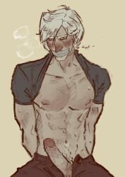 1boy blue_eyes blush bondage dante dante_(devil_may_cry) devil_may_cry devil_may_cry_4 duct_tape erect_penis erection gagged hantaronii male muscles muscular muscular_male penis six_pack solo_male tied_up topless white_hair