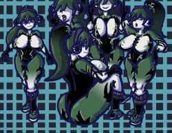 ape_escape big_ass big_breasts bluestarwishes body_markings boots breasts cleavage corruption curvy doppelganger evil_clone fellatio_gesture female green_eyes green_hair hand_on_hip headphones leotard lewd_expression lewd_gesture looking_at_viewer multiple_girls pale-skinned_female pale_skin playstation ponytail program self_upload squishing_breasts thicc thick_thighs virus virus_casi voluptuous
