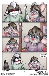 2017 anthro anthro_on_anthro anthro_only blue_eyes blush bottomless brown_hair caught clothed clothing comic cum cum_drip cum_in_hair cum_in_mouth cum_inside cum_on_face cum_on_glasses cute dripping embarrassed english_text erection eyewear fellatio female furry furry_only gagging glasses hair humanoid_penis library male mammal mancoin mouse nerd no_humans open_mouth oral orgasm penis public raccoon rave_raccoon rodent school sex shirt shirt_pull straight sucking surprise teenager text tongue tongue_out twintails uncut worried young