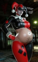 1girls 3d bare_midriff batman_(series) clown_girl clown_makeup dc_comics dialogue female harleen_quinzel harley_quinn harley_quinn_(classic) preggo pregnant pregnant_belly pregnant_female pubic_tattoo ready_to_pop smitty34 solo tattoo tattoo_on_belly text