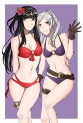 2girls alluring ao_saryaruhu big_breasts bikini black_hair breasts brown_eyes cleavage female fire_emblem fire_emblem_awakening intelligent_systems medium_breasts nintendo purple_bikini purple_eyes red_bikini robin_(female)_(summer)_(fire_emblem) robin_(fire_emblem) robin_(fire_emblem)_(female) silver_hair tharja tharja_(fire_emblem) tharja_(summer)_(fire_emblem)