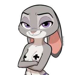 ai_generated arms_crossed breasts female floppy_ears furry grey_fur halfaslime judy_hopps looking_at_viewer navel nipple_tape small_breasts smiling violet_eyes white_background zootopia
