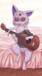 2017 bed closed_eyes clothed clothing eeveelution espeon female fur hair jewelry mammal musical_instrument musical_note nintendo on_bed open_mouth pokemon purple_fur pussy rymherdier simple_background sitting smile solo ukelele video_games white_background