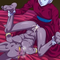 2boys anal anal_sex barefoot beerus blue_skin blush boner cat_ears clenched_teeth cum cum_in_ass cum_inside cum_while_penetrated cumdrip dragon_ball dragon_ball_z erection feet feline grin lying male male_only multiple_boys nipples nude penetration purple_skin sex smirk spread_legs sweat tears thrusting toes whis wince yaoi