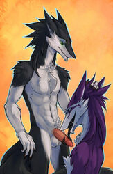 ambiguous_gender balls closed_eyes duo fellatio green_eyes hand_on_head humanoid_penis keel_bone long_tongue male male/ambiguous nude oral penis sergal sex tongue wooy