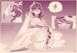 2girls angry_face barefoot big_feet blush feet foot_fetish genshin_impact kujou_sara licking_foot mask on_side power_bottom raiden_shogun sharp_toenails shocked shocked_expression shocked_eyes shocked_face soles sweat toenail_polish yuri