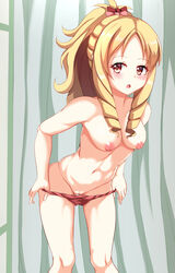 10s areolae ass_visible_through_thighs bow breasts drill_hair eromanga_sensei female green_eyes hairbow long_hair medium_breasts navel panties panty_pull pink_panties pussy solo standing tuchan twin_drills uncensored underwear underwear_only undressing yamada_elf