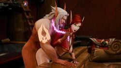 3d areolae athletic_female big_breasts blizzard_entertainment blood_elf breasts chains collar elf elf_ears female glowing_eyes green_eyes kalec_sunwhisper magic male male/female malissa_arcanefeather nipples partially_clothed pointy_ears rainbowviral red_hair sex tattoo warcraft white_hair world_of_warcraft yellow_eyes