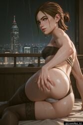 1girls 2d ai_generated ass_focus bra brown_hair city cityscape ellie_williams female medium_breasts night skinny slim the_last_of_us the_last_of_us_2 thighhighs water wet window